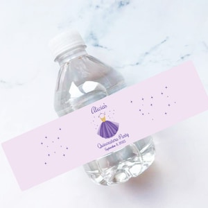 Quince Purple Dress Personalized Water Bottle Labels, Personalized Quinceañera Water Bottle Labels {SKU:MG18} Set of 12