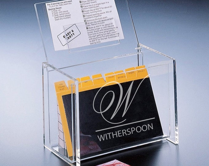 Monogram Personalized Acrylic Recipe Box , Personalized Engraved Etched Acrylic Box with Rceipe Cards