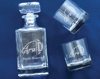 Custom Decanter Football Fanatic, Football Personalized Engraved Glasses, Decanter or Decanter Set  or Whiskey Glasses