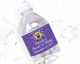 Set of 12 Personalized Water Bottle Labels Sweet 16 Sparkly, Personalized Sweet 16 Celebration Water Bottle Labels 819
