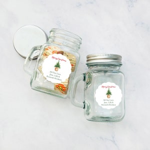 Set of 12 Personalized Mini Glass Mason Jar Favors with Christmas Tree Labels, Personalized Holiday Party Favor Jars {SKU:MG98}