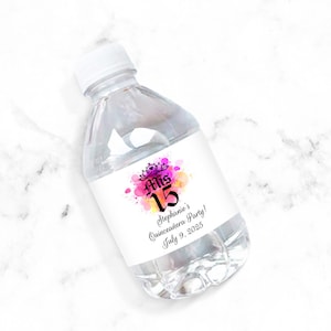 Set of 12 Personalized Water Bottle Label Mis Quince Water Color Favors, Personalized Quinceanera Sweet 15 Water Bottle Labels 820