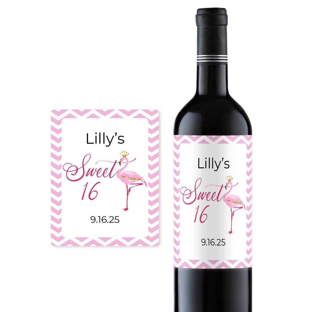 Sweet 16 Flamingo Labels & Stickers Only for Wine Bottles and Champagne