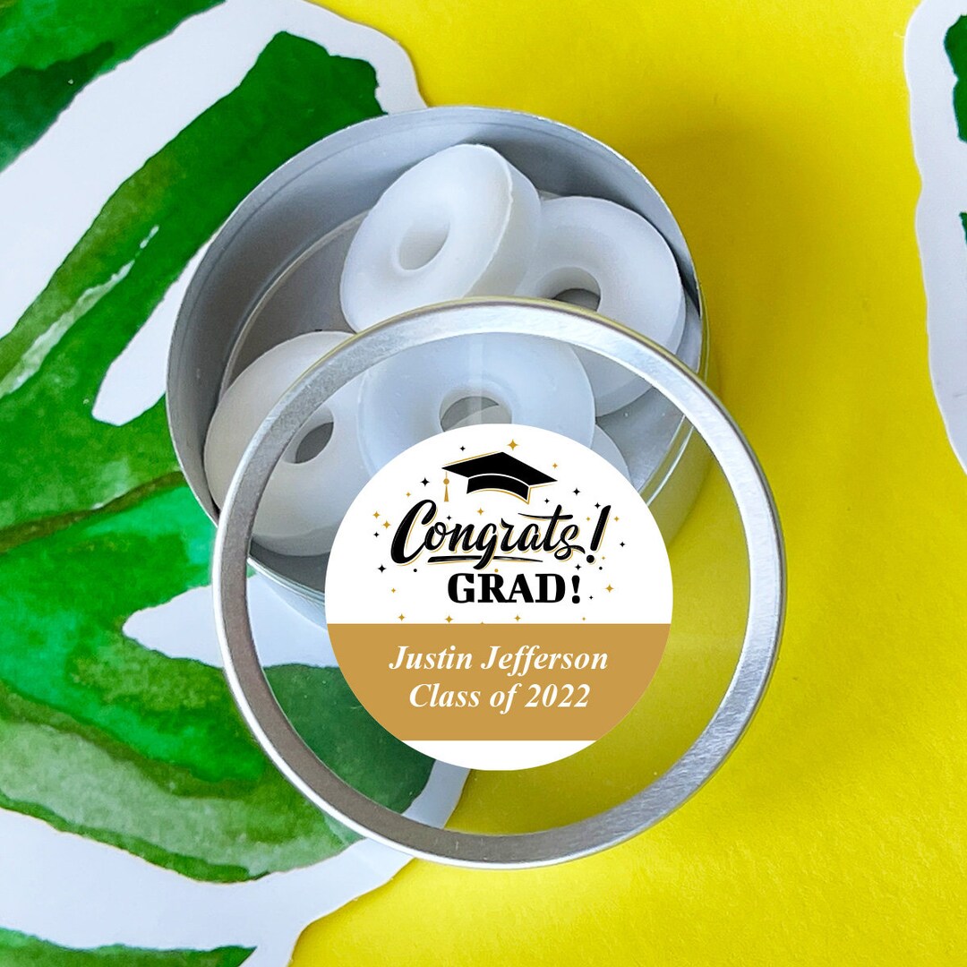 Set of 12 Personalized Matte Silver Round Tins With Congrats Grad ...