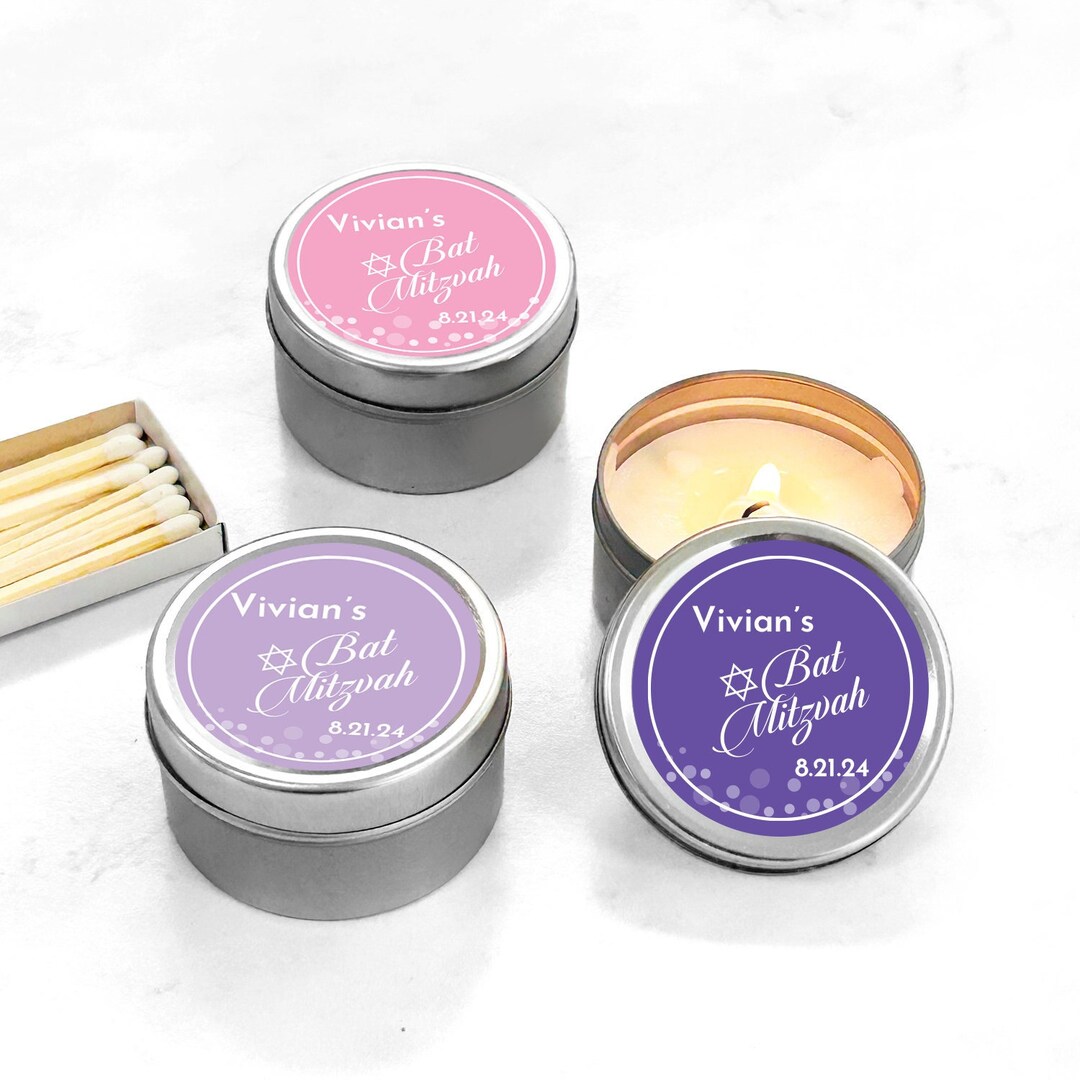 Set of 12 Mitzvah Personalized Silver Round Candle Tin Favors With ...
