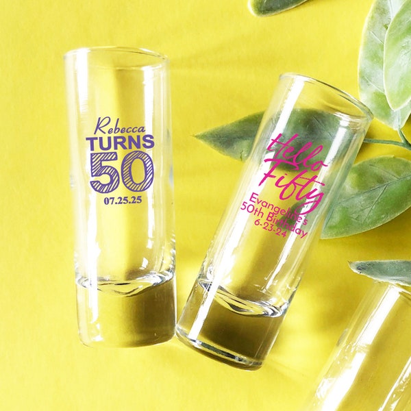 Set of 24  Personalized Custom Tall Shooters Shot Glass - 50th Birthday, Fiftieth Birthday Party Favors, Shot Glass Birthday Favor 877