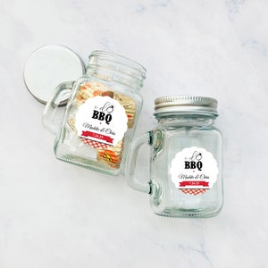 Set of 12 Personalized Mini Glass Mason Jar Favors with I Do BBQ Barbecue Labels, Personalized Wedding Favor Jars {SKU:MG53}