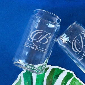 Set of 18, Fancy Initial, Can Glass Personalized, Special Gifts, Beer Can Glass Glass, Etched Glass (838)