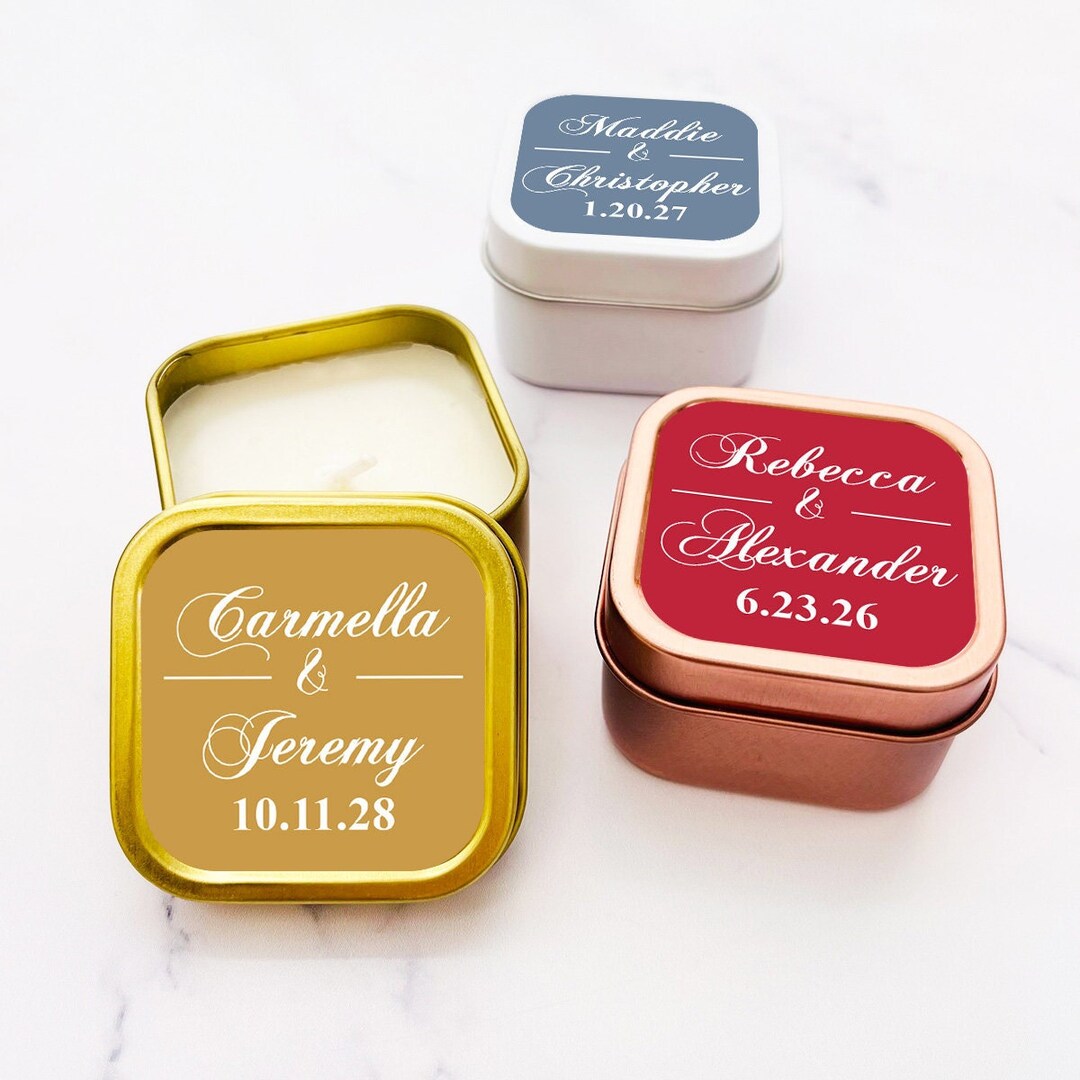 Set of 12 Personalized Travel Candle Tin Favors With Ampersand Couples ...