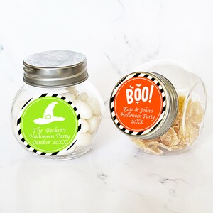 Halloween Personalized Mini Glass Candy Favor Jar Labels, Halloween Party Silver Top Glass Empty Jar Favor 895, Set of 12