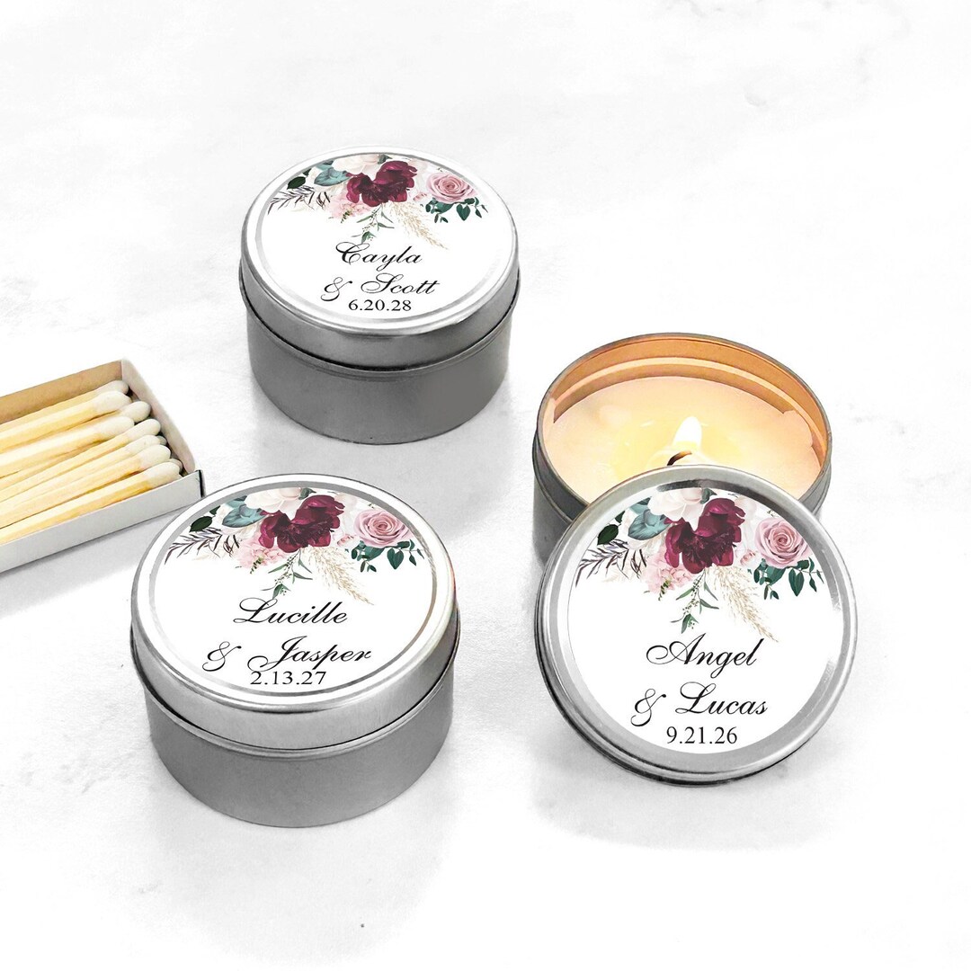 Set of 12 Personalized Travel Candle Tin With Floral Elegance Labels ...
