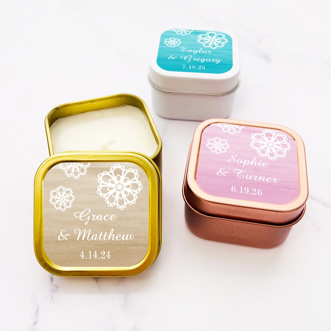 Set of 12 Personalized Travel Candle Tin With Doily Wedding Favors ...
