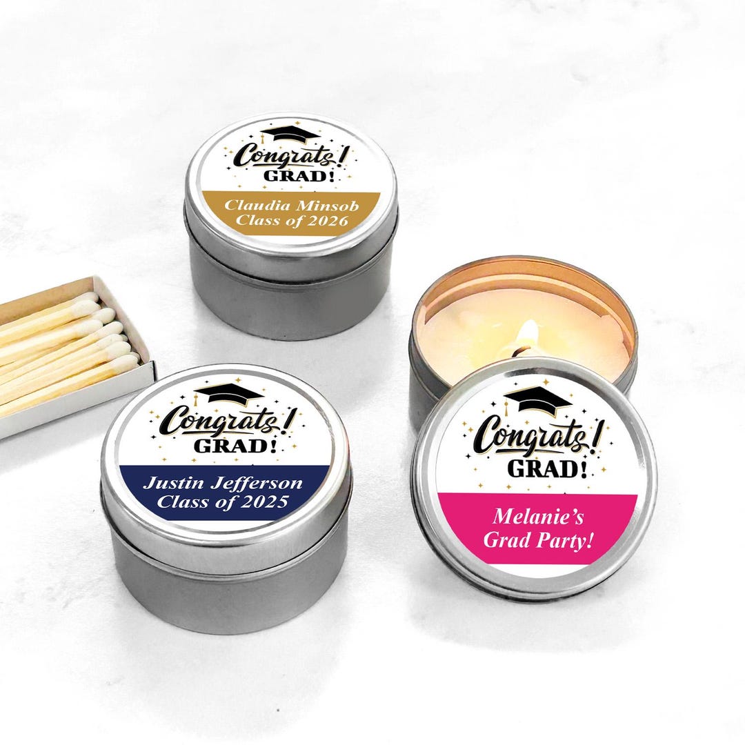 Set of 12 Personalized Travel Candle Tin With Congrats Grad Labels ...
