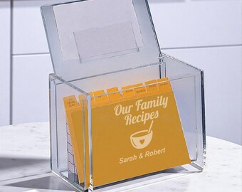 Our Family Recipes Personalized Acrylic Recipe Box, Engraved Recipe Card Holder
