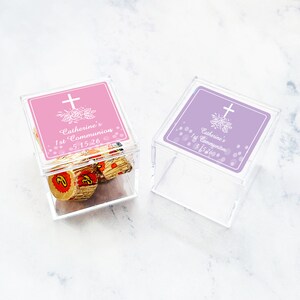 Set of 12 Personalized Acrylic Square Boxes with Labels First Communion, Personalized Favor Container Boxes Flip Top 870