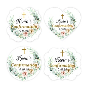 May include: Four different designs of printable confirmation party favor tags. Each tag features a gold cross, the name Kevin, the word Confirmation, and a date. The tags are decorated with watercolor greenery and flowers.