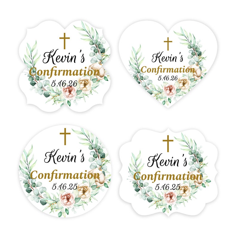 May include: Four different designs of printable confirmation party favour tags. Each tag features a gold cross, the name Kevin, the word Confirmation, and a date. The tags are decorated with watercolour greenery and flowers.