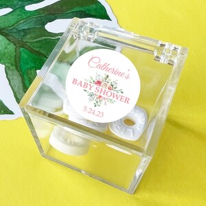 Set of 12 Personalized Acrylic Square Boxes with Labels Baby Shower Flower, Personalized Container Favor Boxes Flip Top 825