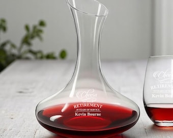 Cheers on Your Retirement Custom Engraved Wine Decanter and 15oz Stemless Wine Glass, Personalized Wine Decanter Gift Set {#835}