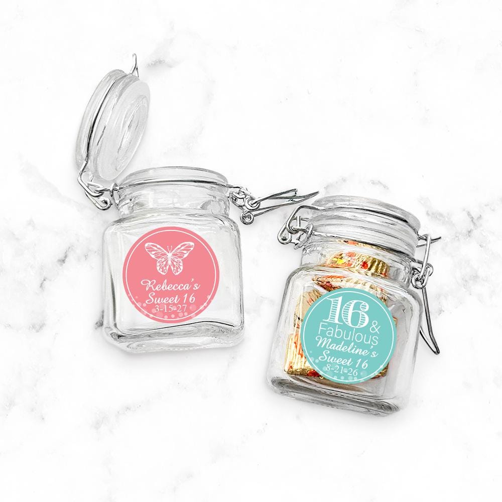 Set of 12 Personalized Mini Glass Favor Bottle Jar with Sweet Sixteen, Sweet 16 Party Favor Jars {Design 873}