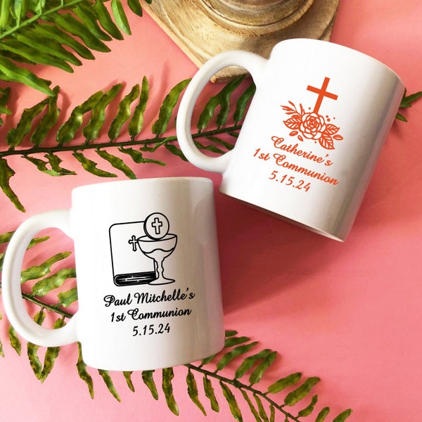 Set of 12 Personalized Custom Coffee Mug Favors - First Holy Communion, Religious Communion Coffee Favors, Primera Comunión Party Favor 870