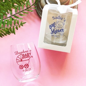 Set of 18 Personalized Custom Stemless Wine Glasses, Baby Shower Glassware 9 Ounce Favors, Baby Shower Favors, Box Excluded