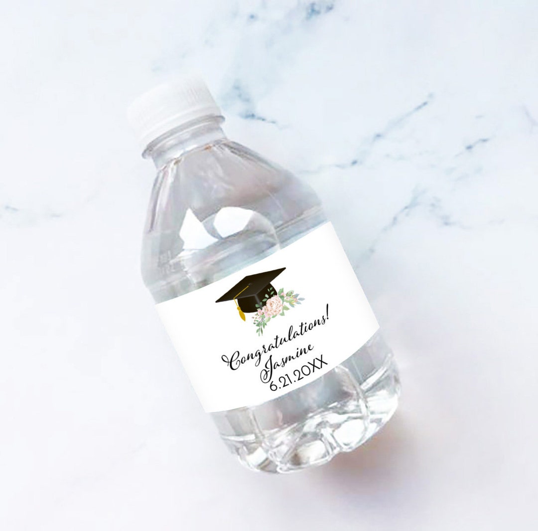 Set of 12 Personalized Water Bottle Graduation Cap Floral Labels