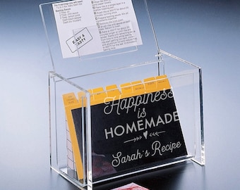 Happiness is Homemade Personalized Acrylic Recipe Box , Personalized Engraved Etched Acrylic Box with Rceipe Cards