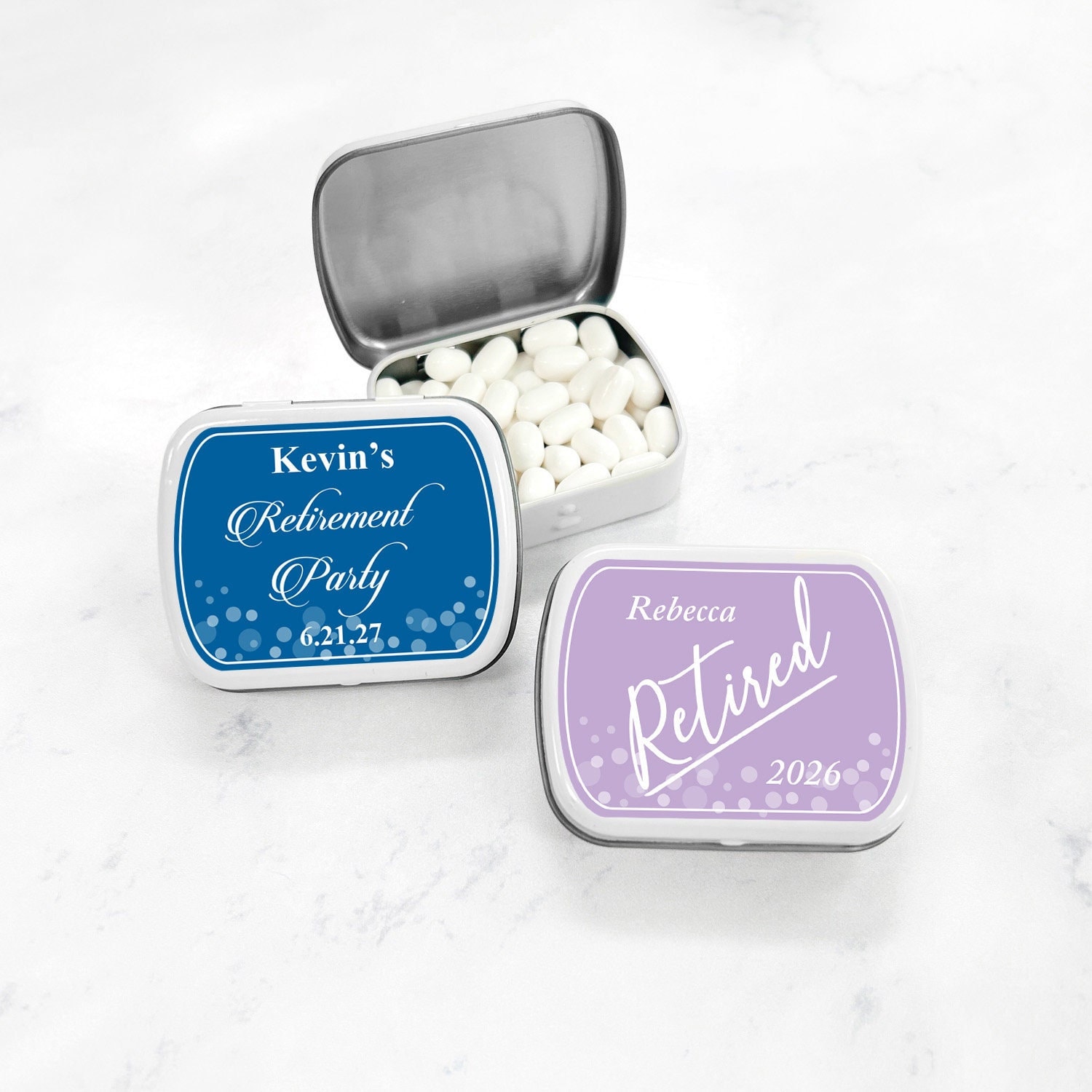 Retirement Personalized White Mint Tin Containers Labels, Retired Tin Candy Favors, Retirement Mint Tin Favors 875, Set of 8