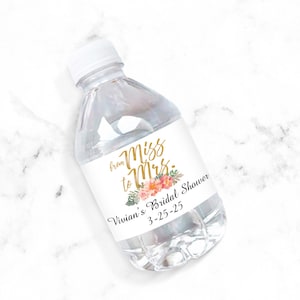 Set of 12 Personalized Water Bottle Labels From Miss To Mrs Flower, Personalized Bridal Shower Water Bottle Labels 818