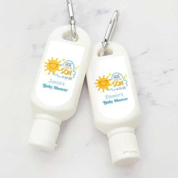 Set of 12 Mini Personalized Sunscreen SPF30 with Here Comes The Son Baby Shower Labels, Peel-and-Stick Labels Sunscreen Favors 890