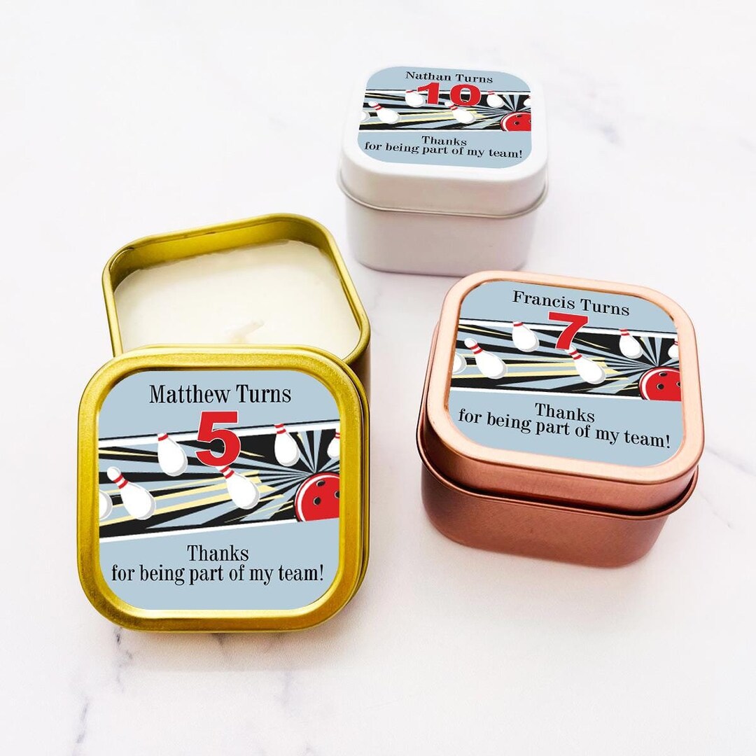 Blue Bowling Birthday Personalized Travel Candle Tin With Labels ...