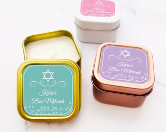 Set of 12 Mitzvah Personalized Travel Candle Tin Favors with Labels, Mini Bar Mitzvah Bat Mitzvah Travel Candle Tin Favors 874
