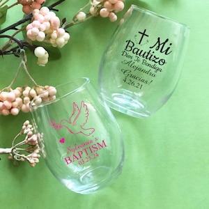 Set of 18 Personalized Custom Stemless Wine Glass - Baptism Bautizo, Baptism Christening 9 Ounce Glass Favors Christening Favors 869