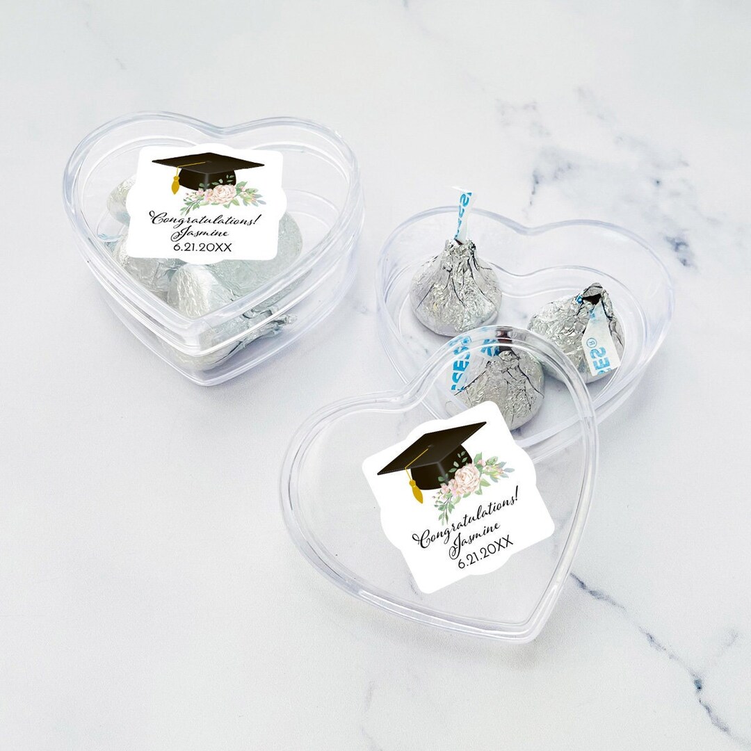 Set of 12 Personalized Clear Heart Container Favors With Graduation Cap ...
