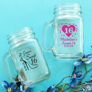 Set of 12 Personalized Custom Sweet 16 Mason Mug Jar Mason Mug Jar Drinking Glass Birthday Favors, Sixteen Party Favors {Design 873}
