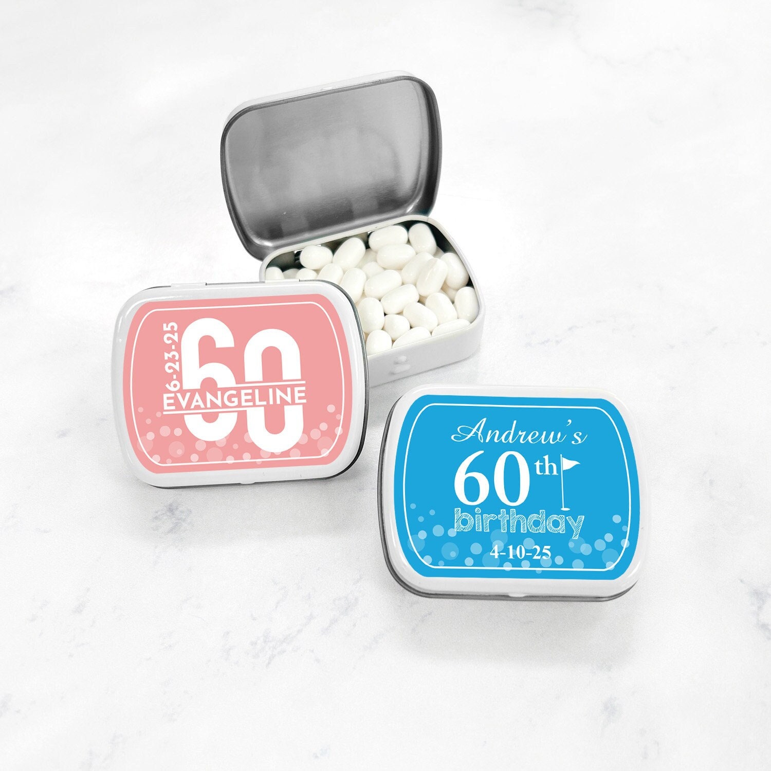 60th Birthday Design Personalized White Mint Tin Containers Labels ...