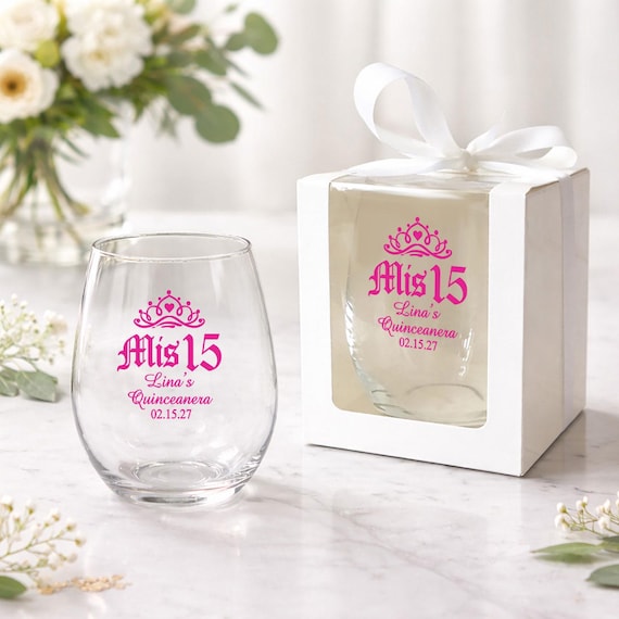 Personalized Mis Quince Stemless Wine Glasses, Quinceaera Party Favors,  Set of 18 - Etsy