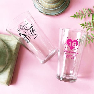Set of 18 Personalized Custom Sweet 16 Pint Glass Pint Glass Drinking Glass Birthday Favors, Sixteen Party Favors {Design 873}
