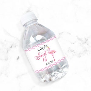 Sweet 16 Flamingo Personalized Water Bottle Labels, Sweet 16 Water Bottle Labels, Bridal Shower Water Bottle Stickers 886, Set of 12