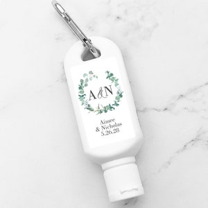 Eucalyptus Wreath Monogram Mini Personalized Sunscreen with SPF30, Wedding Peel-and-stick Labels Sunscreen Favors {SKU:MG10} Set of 12