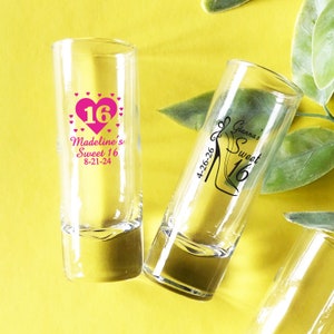 Set of 24 Personalized Custom Sweet 16 Tall Shot Glass Shot Glass Favors Birthday Favors, Sixteen Party Favors {Design 873}