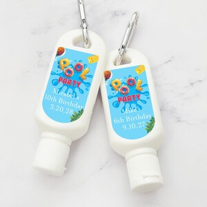 May include: Two white plastic bottles with blue and yellow labels. The labels have a pool party theme with the text "Pool Party" and a cartoon image of a pool float. The bottles have a carabiner clip attached to the top. The text on the labels reads "Mirabel's 10th Birthday 3.20.28" and "Mike's 6th Birthday 9.10.27".