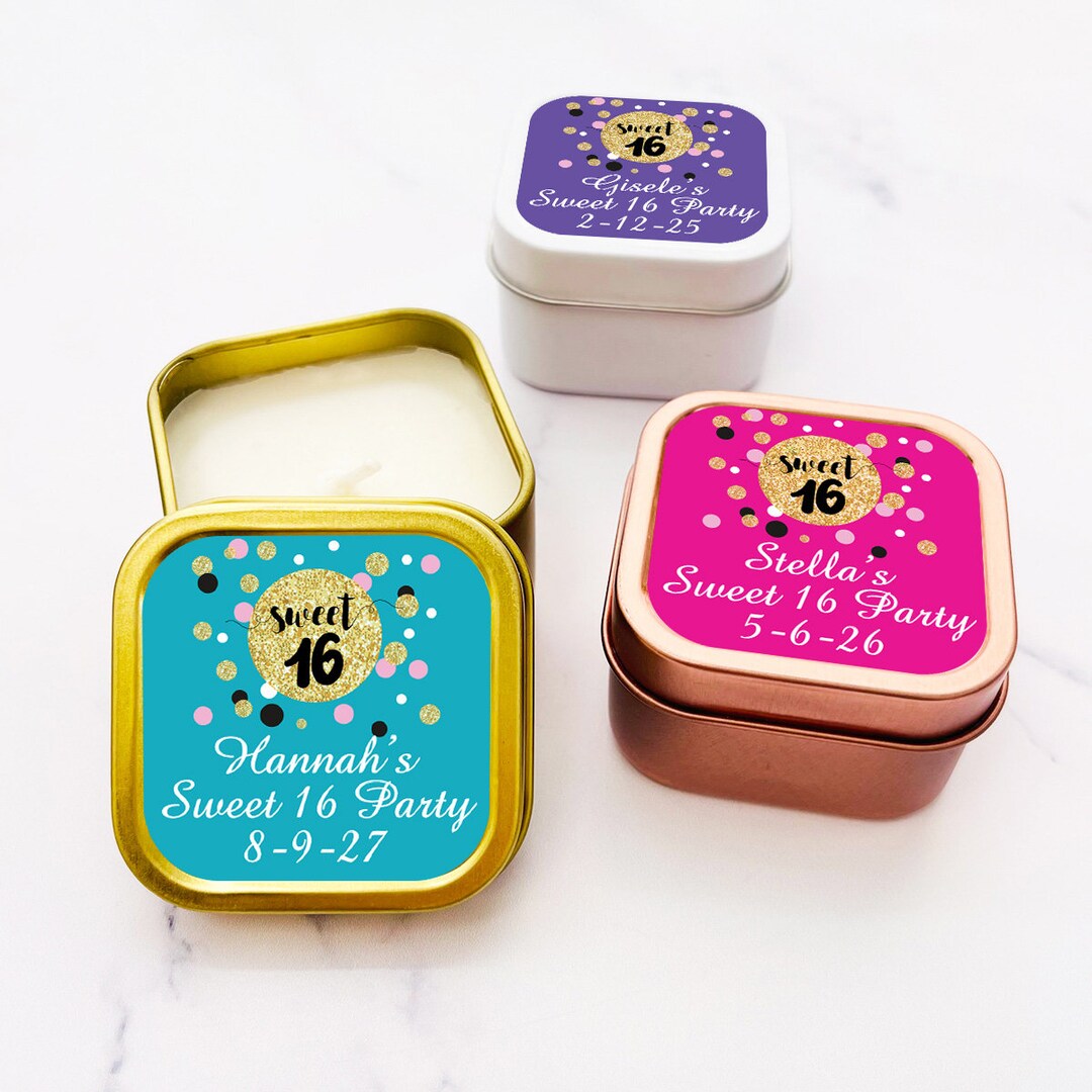 Set of 12 Personalized Travel Candle Tin With Sweet 16 Sparkly Labels ...