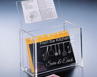 From the Kitchen Of (pots and Pans)Personalized Acrylic Recipe Box , Personalized Engraved Etched Acrylic Box with Rceipe Cards