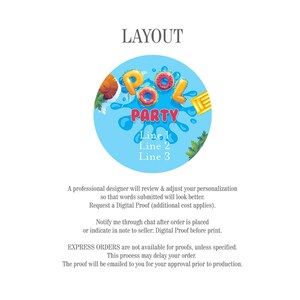May include: A blue circle with a pool party theme. The text "POOL PARTY" is in a white circle with a red outline. The text "Line 1", "Line 2", and "Line 3" are below the circle. The image is for a digital proof for a personalized party invitation.