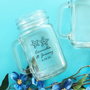 Set of 12 Personalized Custom Connected Couple Starfish Mason Mug Jar, Mason Mug Jar Drinking Glass Favors, Wedding Party Favors 807