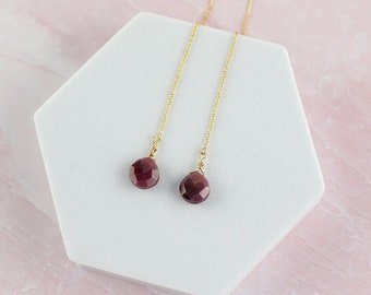 Gold Ruby Earrings Threader Earrings July Birthstone Earrings Front Back Earrings Ruby Jewelry