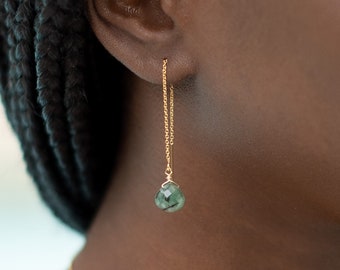 Emerald Threader Earrings Emerald Earrings Genuine Emerald Dangle Earrings Chain Earrings Long Earrings