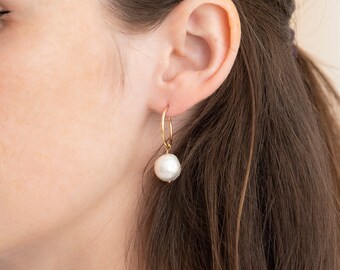 Pearl Hoop Earrings Pearl Dangle Earrings Elegant Earrings for Women Delicate Earrings Freshwater Pearl Earrings